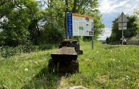 Mastodonfundstelle in Hohenwarth, © Weinstraße Weinviertel Schild der Mastodonfundstelle in Hohenwarth auf einer Wiese, umgeben von Bäumen und einem Weg.