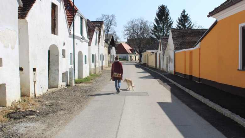 Kellergasse Mailberg, © Souveräner Malteser-Ritter-Orden / Udo Schwamberger Person mit Hund in der Kellergasse Mailberg, umgeben von traditionellen Gebäuden.