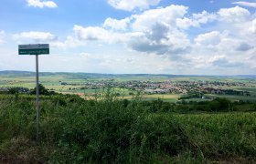 Traumhafter Rundblick am Köhlberg, © Marktgemeinde Ziersdorf Landschaft mit Blick auf Ziersdorf und Wegweiser 'Lebens-Kraft-Weg'.