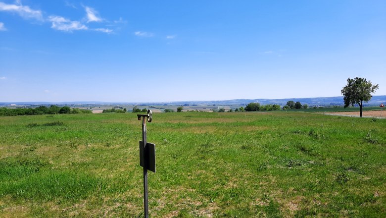 Fotopunkt Plateau, © Marktgemeinde Ravelsbach Grüne Wiese mit weitem Blick über die Landschaft, ein einzelner Baum und ein Schild im Vordergrund.