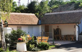 Keller-Wohlfühlplatz in Hadres, © Weinstraße Weinviertel Ein gemütlicher Außenbereich mit Holzbänken und Pflanzen vor einem Gebäude mit Ziegeldach.