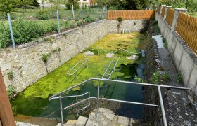 Wassertretanlage Großreipersdorf, © Weinstraße Weinviertel Wassertretanlage mit grünem Wasser und Metallgeländer.