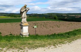 Nepomuk Statue in Baierdorf, © Marktgemeinde Ravelsbach Statue von Nepomuk auf einem Feld in Baierdorf, umgeben von grüner Landschaft und bewölktem Himmel.
