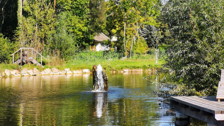 Landschaftsteich Hollabrunn, © Weinstraße Weinviertel Ein Teich mit einem kleinen Springbrunnen, umgeben von Bäumen und einem Holzsteg.