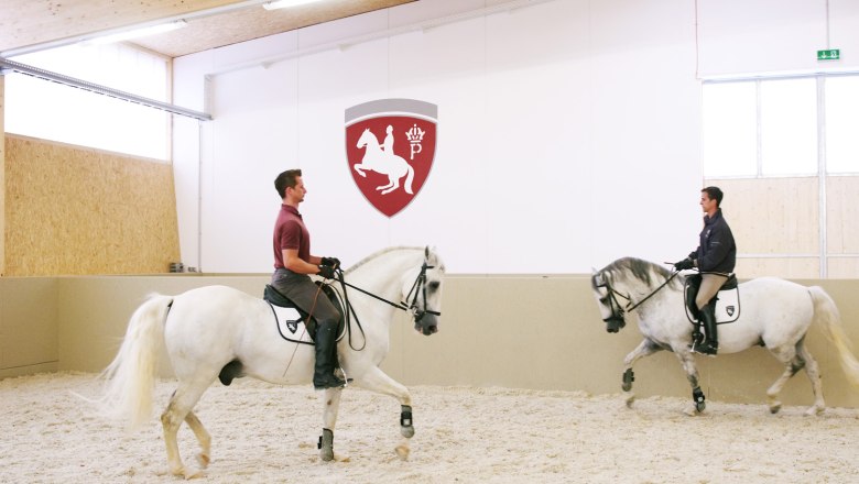 Lipizzaner in der Reithalle, © Gemeinde Heldenberg Zwei Reiter auf Lipizzanern in einer Reithalle mit einem Wappen an der Wand.