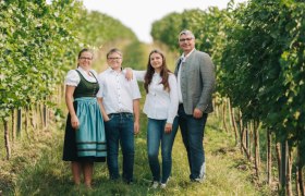 Eine Familie steht l&auml;chelnd in einem Weinberg.
