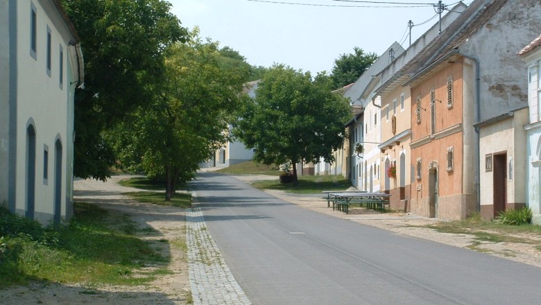Straße mit traditionellen Gebäuden und Bäumen in einer ländlichen Umgebung.