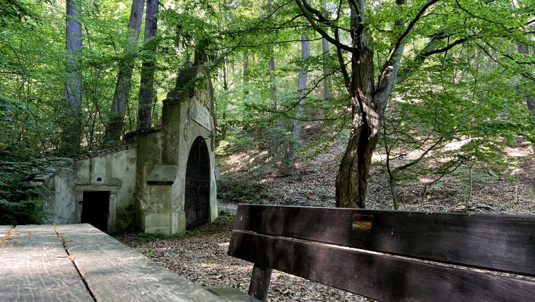 Waldszene mit Brunnstube im Hintergrund und Holzb&auml;nken.