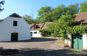 Traditionelle Weinkeller in einer ländlichen Umgebung mit Bäumen und blauem Himmel.