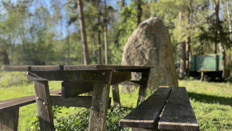 Holztisch und Bänke im Grünen mit Stein im Hintergrund.