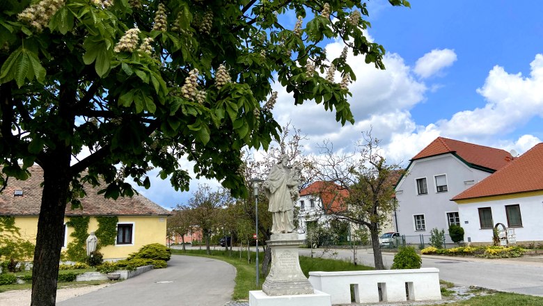 Statue des Hl. Johannes Nepomuk in Obermarkersdorf, umgeben von bl&uuml;henden B&auml;umen und H&auml;usern.