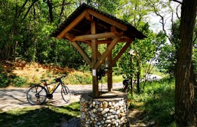 Ein hölzerner Weinbrunnen mit einem Fahrrad daneben, umgeben von Bäumen und grünem Laub.