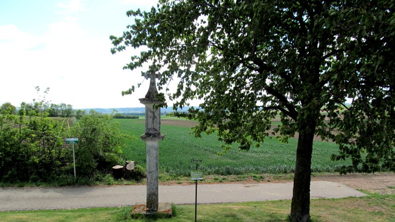 Steinkreuz neben einem Baum auf einer Wiese mit Blick auf Felder.