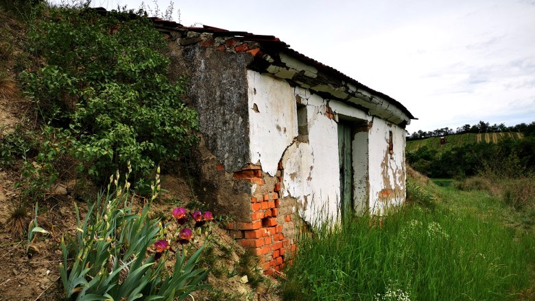Altes Gebäude mit bröckelnder Fassade in ländlicher Umgebung, umgeben von Gras und Blumen.