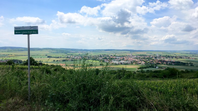 Landschaft mit Blick auf Ziersdorf und Wegweiser 'Lebens-Kraft-Weg'.