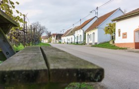 Kellergasse in Niederschleinz mit Weinkellern und einer Bank im Vordergrund.