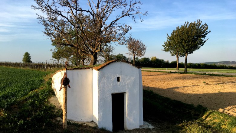 Weiße Hiatahütte in ländlicher Umgebung mit Bäumen und Feldern.