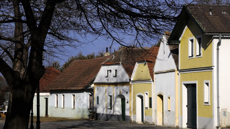 Eine Reihe traditioneller Weinkeller in der Kellergasse Nappersdorf, umgeben von kahlen B&auml;umen und blauem Himmel.