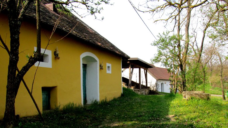 Gelbes Gebäude mit Holztür und kleinem Fenster, umgeben von Bäumen und Gras.
