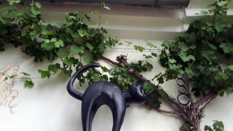 Schwarze Katzenfigur auf einer Mauer mit Weinreben im Hintergrund.