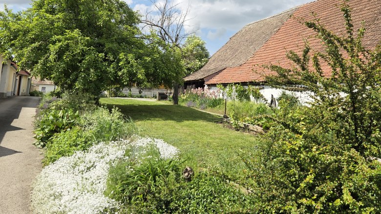Ländliche Szene mit bewölktem Himmel, grüner Wiese und einem Gebäude mit rotem Ziegeldach.
