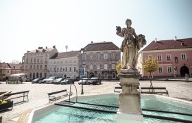 Ein Platz mit einer Statue in einem Brunnen, umgeben von historischen Gebäuden und geparkten Autos.