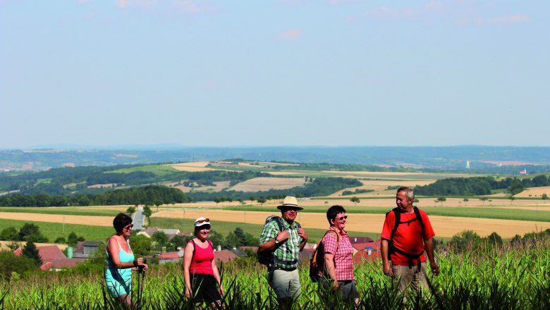 Gruppe von Wanderern auf einem Feldweg mit weiter Landschaft im Hintergrund.