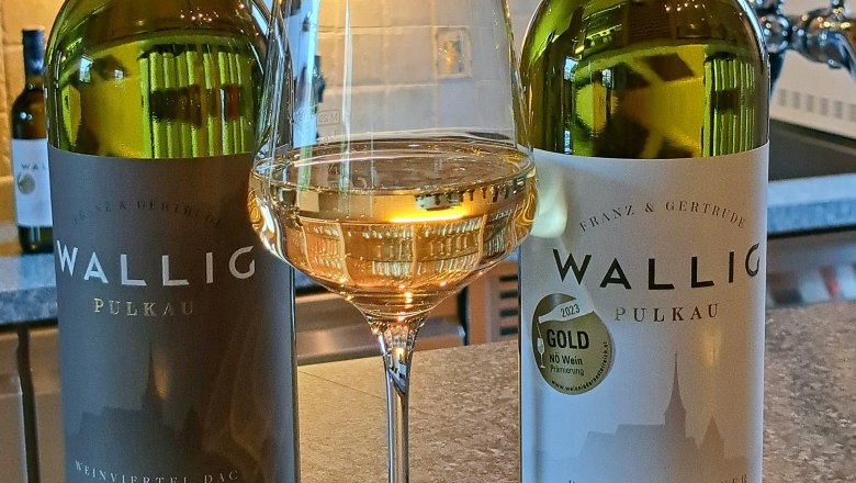 Zwei Weinflaschen und ein Glas Wei&szlig;wein auf einer Theke.