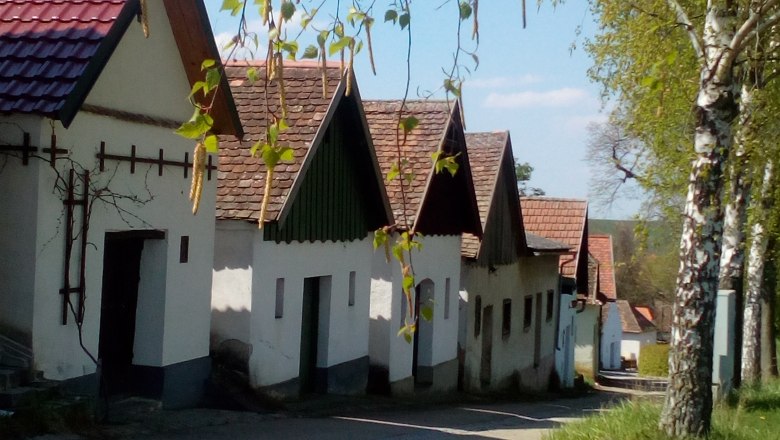 Reihe von traditionellen Weinkellern in Kammersdorf, umgeben von Bäumen und blauem Himmel.