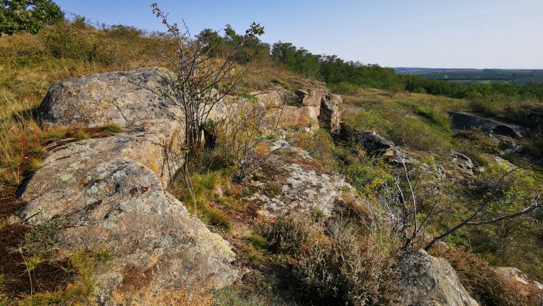Felsige Landschaft mit sp&auml;rlicher Vegetation und blauem Himmel.