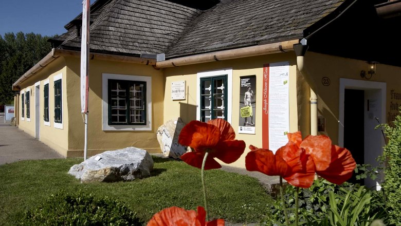 Gelbes Haus mit Schindeldach und Mohnblumen im Vordergrund.