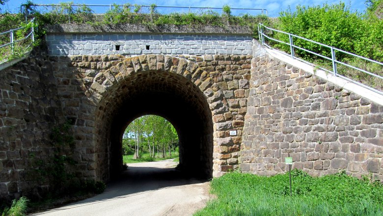 Steinviadukt mit Durchgang und grünem Umfeld.