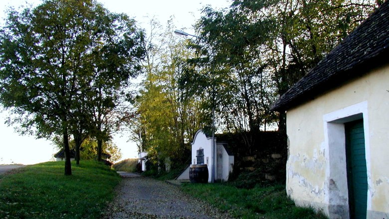 Ein ländlicher Weg mit Bäumen und einem alten Gebäude mit grünem Tor.