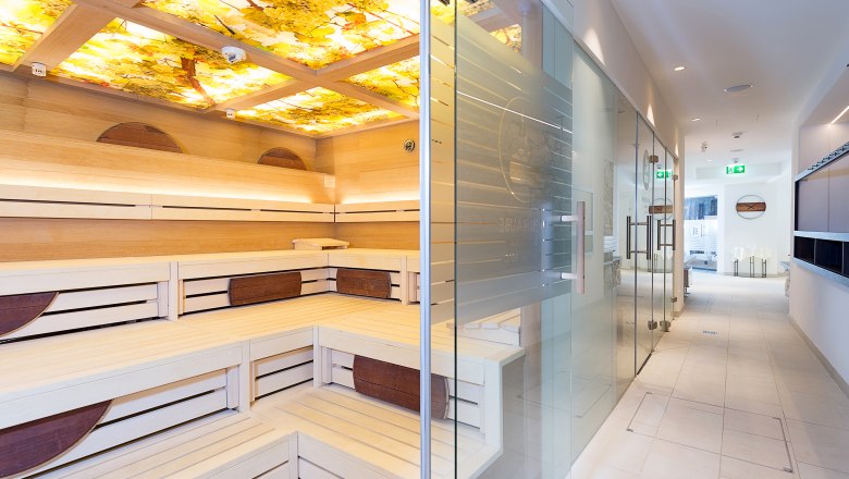 Innenansicht eines modernen Spa-Bereichs mit Sauna und Glastür.