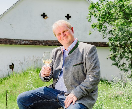 Mann sitzt auf einem Stein im Grünen und hält ein Weinglas in der Hand.