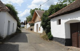 Eine malerische Gasse mit traditionellen Weinkellern in Pillersdorf, umgeben von Bäumen und blauem Himmel.